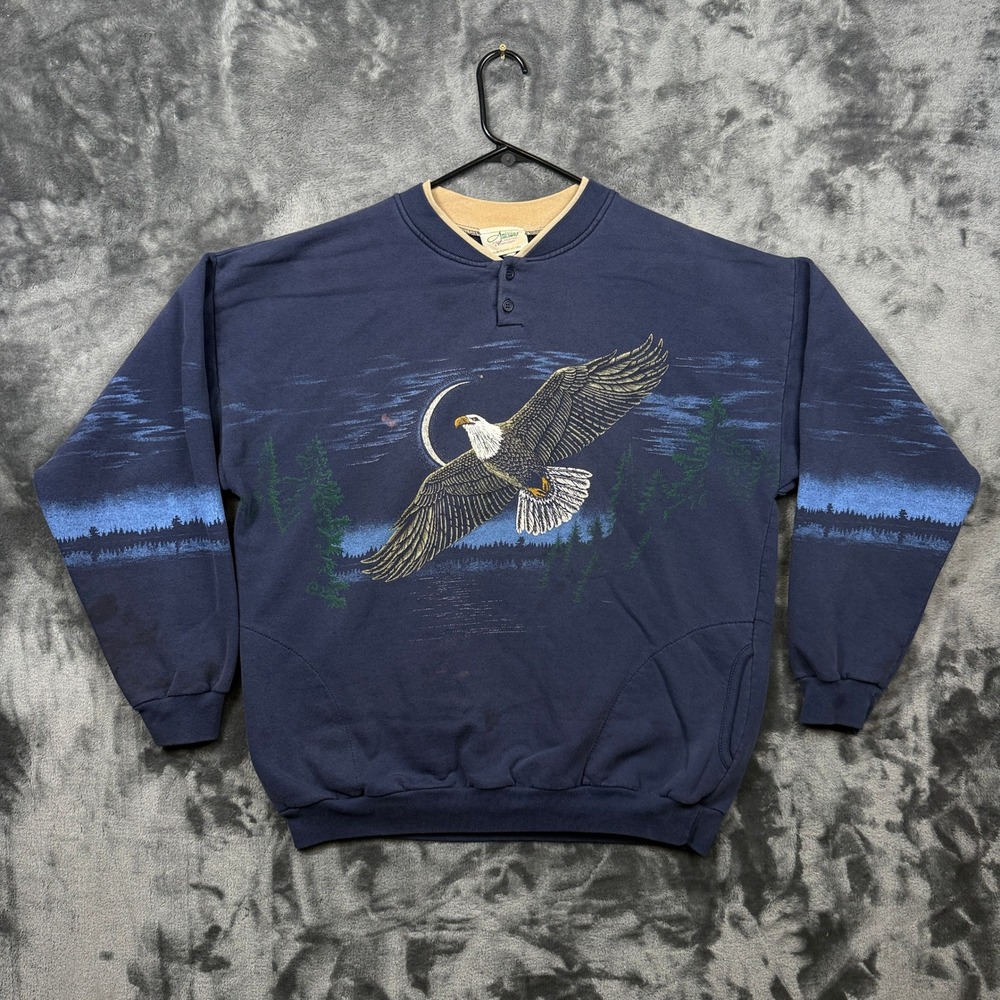 Artisans Sweatshirt Mens XL Blue Good Eagle Graphic Henley Nature Pullover